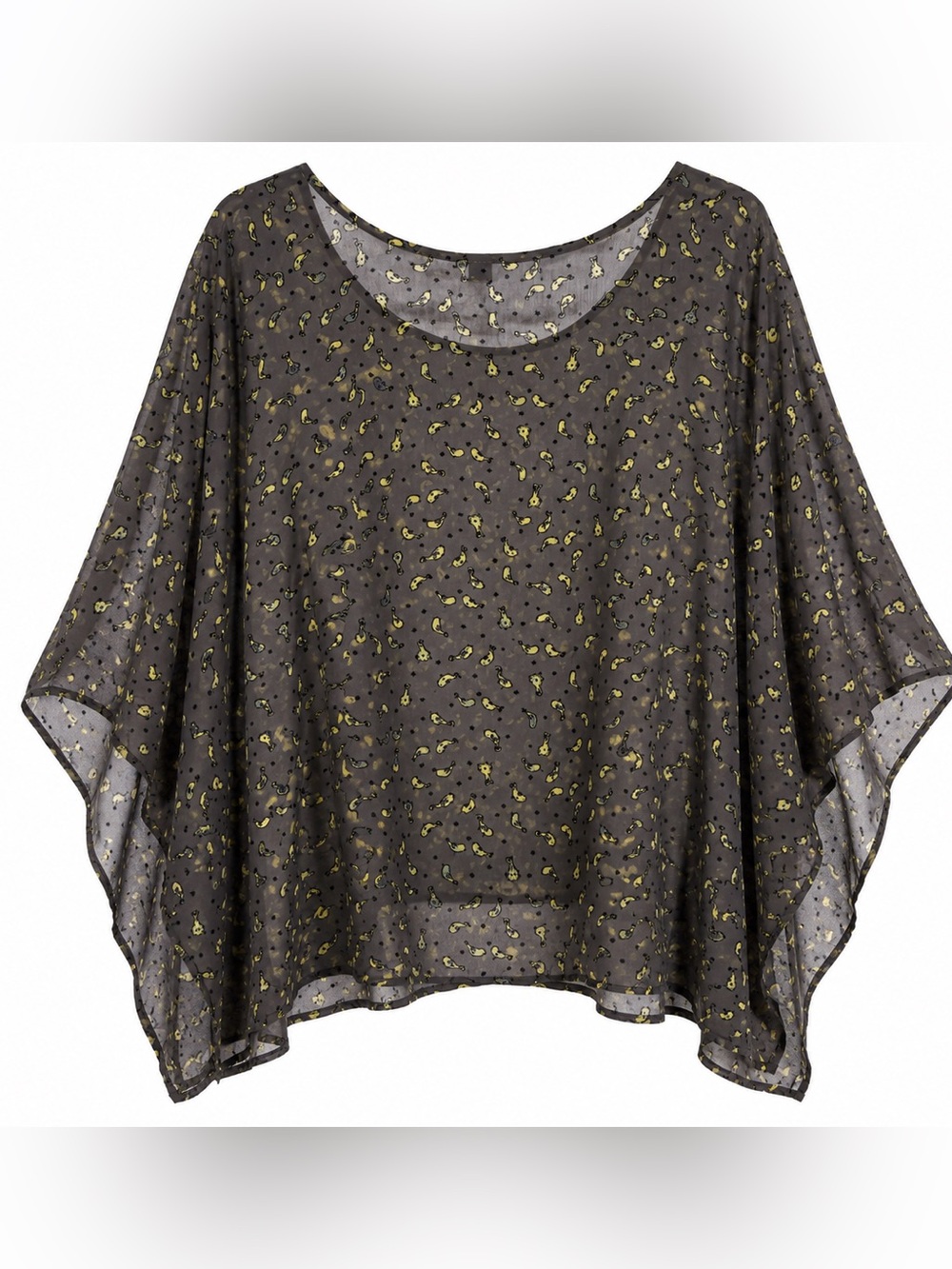 Allen B. Grey Sheer Top with Yellow Bird Print shawl